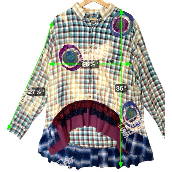 Franklin Flannel Upcycled Tunic Blouse Womens XL Plaid Patchwork Applique Boho - Picture 3 of 7